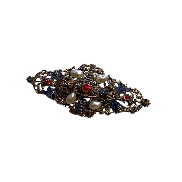 Antique Edwardian Czech Glass Filigree Pearl Ruby Sapphire Stone Brooch - Picture 9 of 9